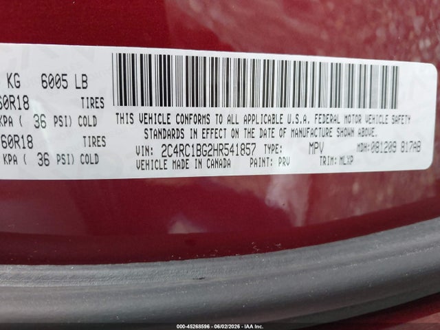 Aukcja sprzedaży 2017 Chrysler Pacifica Touring-l, vin: 2C4RC1BG2HR541857, numer aukcji: 45268596