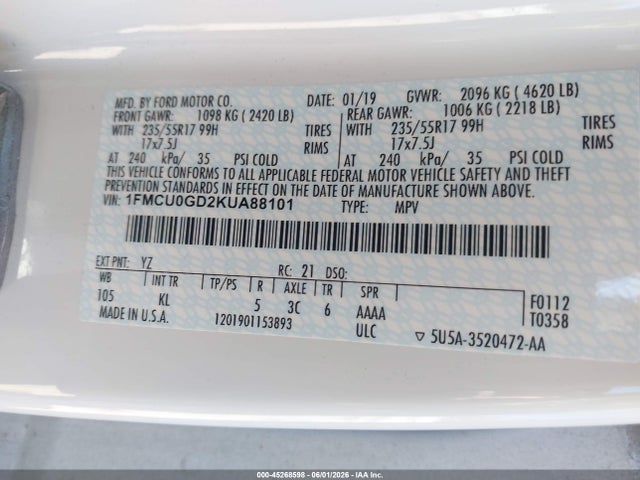 Продаж на аукціоні авто 2019 Ford Escape Se, vin: 1FMCU0GD2KUA88101, номер лоту: 45268598