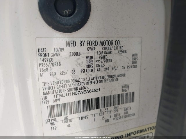 45268600 :رقم المزاد ، 1FMJU1H57AEA64521 vin ، 2010 Ford Expedition Eddie Bauer/king Ranch مزاد بيع