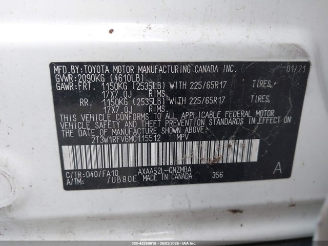 Aukcja sprzedaży 2021 Toyota Rav4 Xle, vin: 2T3W1RFV6MC115512, numer aukcji: 45268618
