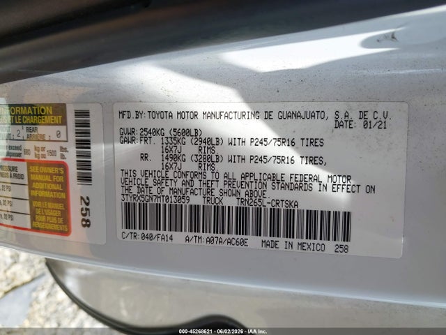 Aukcja sprzedaży 2021 Toyota Tacoma Sr, vin: 3TYRX5GN7MT013059, numer aukcji: 45268621
