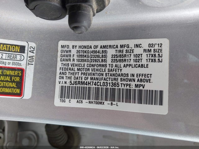 Продажа на аукционе авто 2012 Honda Cr-v Ex-l, vin: 5J6RM4H74CL031365, номер лота: 45268624