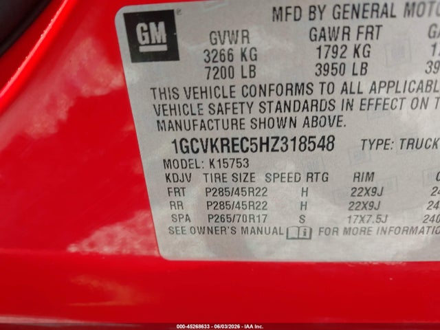 Продаж на аукціоні авто 2017 Chevrolet Silverado 1500 2lt, vin: 1GCVKREC5HZ318548, номер лоту: 45268633