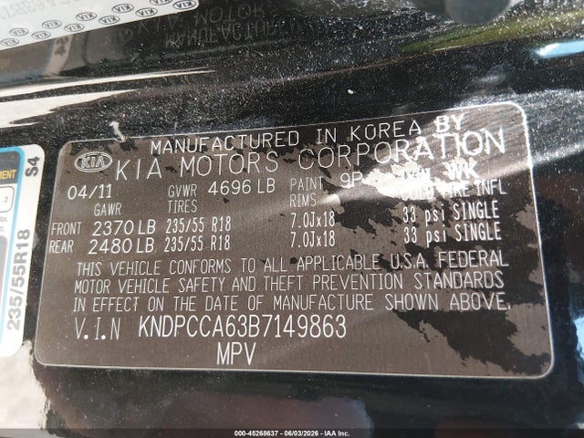 Продажа на аукционе авто 2011 Kia Sportage Sx, vin: KNDPCCA63B7149863, номер лота: 45268637