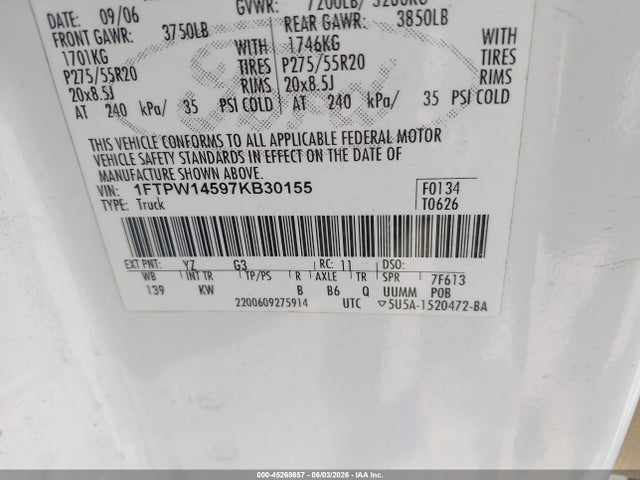 2007 Ford F-150 Fx4/lariat/xlt მანქანა იყიდება აუქციონზე, vin: 1FTPW14597KB30155, აუქციონის ნომერი: 45268657
