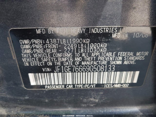 2009 Subaru Impreza Wrx მანქანა იყიდება აუქციონზე, vin: JF1GE76669G508133, აუქციონის ნომერი: 45268659