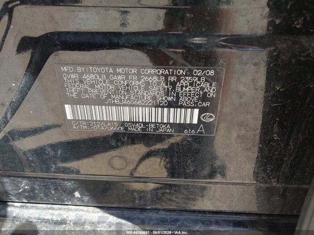 45268661 :رقم المزاد ، JTHBJ46G682221120 vin ، 2008 Lexus Es 350 مزاد بيع