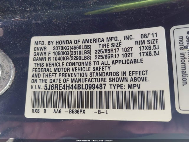 2011 Honda Cr-v Se მანქანა იყიდება აუქციონზე, vin: 5J6RE4H44BL099487, აუქციონის ნომერი: 45268664