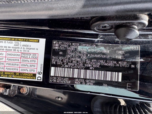 45268665 :رقم المزاد ، JTJBM7FX3J5190372 vin ، 2018 Lexus Gx 460 مزاد بيع