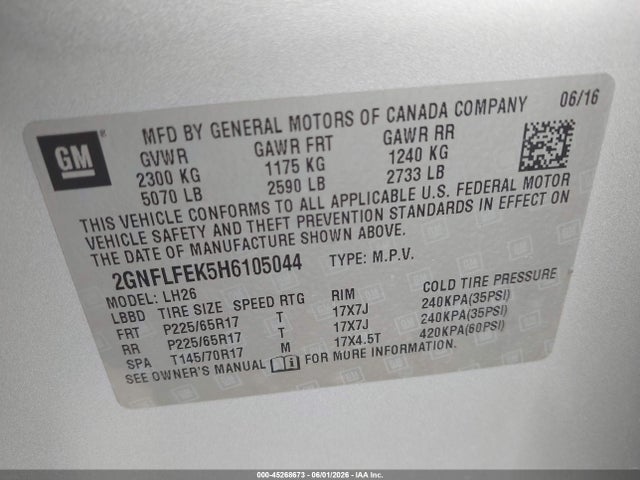 Aukcja sprzedaży 2017 Chevrolet Equinox Lt, vin: 2GNFLFEK5H6105044, numer aukcji: 45268673