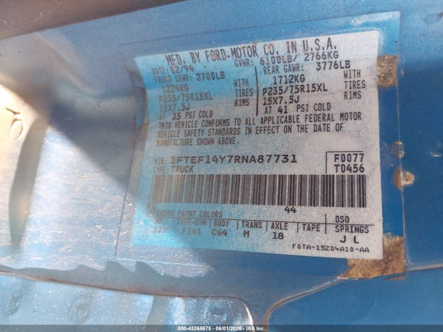 45268675 :رقم المزاد ، 1FTEF14Y7RNA87731 vin ، 1994 Ford F150 مزاد بيع
