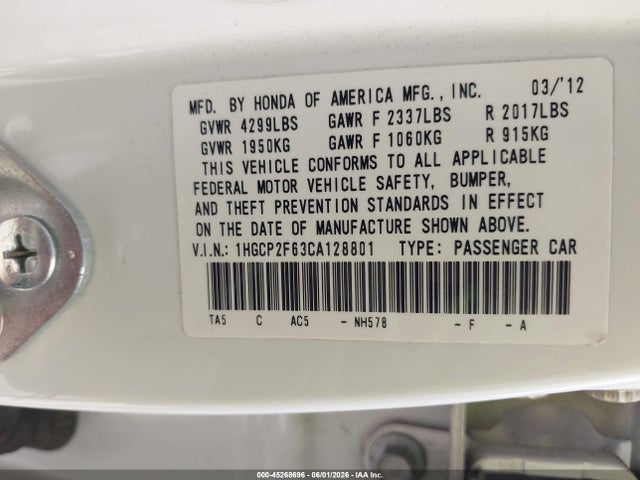 Auction sale of the 2012 Honda Accord 2.4 Se, vin: 1HGCP2F63CA128801, lot number: 45268696
