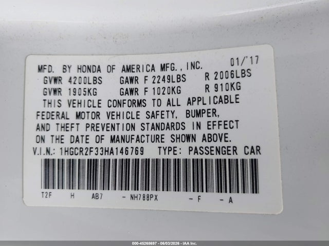 Honda ACCORD LX 2017 1HGCR2F33HA146769 Image 9