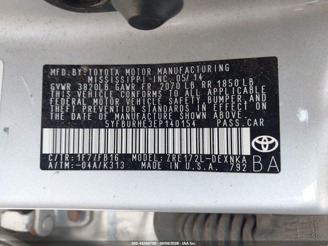 Продаж на аукціоні авто 2014 Toyota Corolla Le, vin: 5YFBURHE3EP140154, номер лоту: 45268706