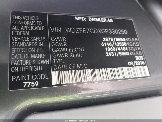 Aukcja sprzedaży 2016 Mercedes-benz Sprinter 2500 Normal Roof, vin: WDZFE7CDXGP330250, numer aukcji: 45268711