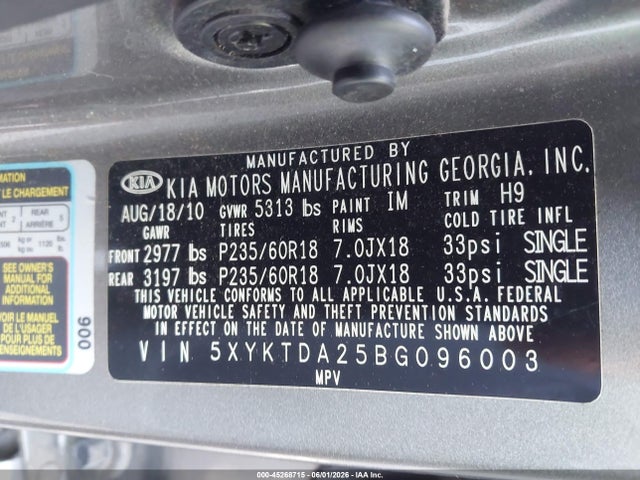 45268715 :رقم المزاد ، 5XYKTDA25BG096003 vin ، 2011 Kia Sorento Lx V6 مزاد بيع