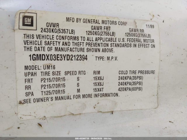 2000 Pontiac Montana M16 მანქანა იყიდება აუქციონზე, vin: 1GMDX03E3YD212394, აუქციონის ნომერი: 45268720
