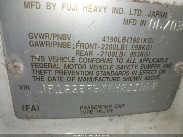 45268722 :رقم المزاد ، JF1GG296X4H811668 vin ، 2004 Subaru Impreza Wrx مزاد بيع