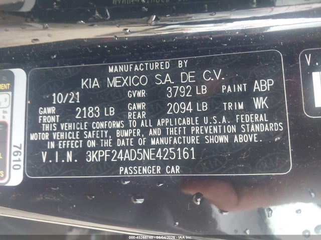 Aukcja sprzedaży 2022 Kia Forte Lxs, vin: 3KPF24AD5NE425161, numer aukcji: 45268740