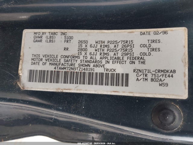 Auction sale of the 1996 Toyota Tacoma Xtracab, vin: 4TAWM72N9TZ148191, lot number: 45268749