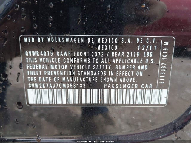 2012 Volkswagen Jetta 2.0l S მანქანა იყიდება აუქციონზე, vin: 3VW2K7AJ7CM358133, აუქციონის ნომერი: 45268756