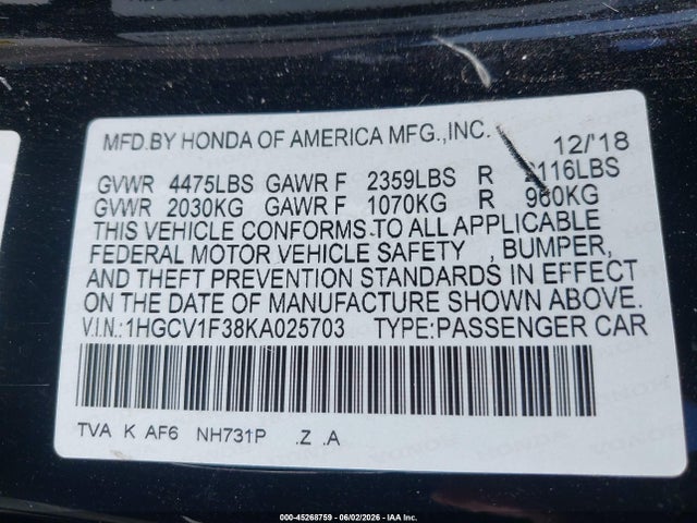 1HGCV1F38KA025703 Honda Accord Sport