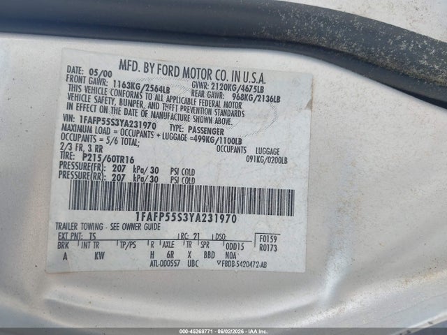 Aukcja sprzedaży 2000 Ford Taurus Ses, vin: 1FAFP55S3YA231970, numer aukcji: 45268771