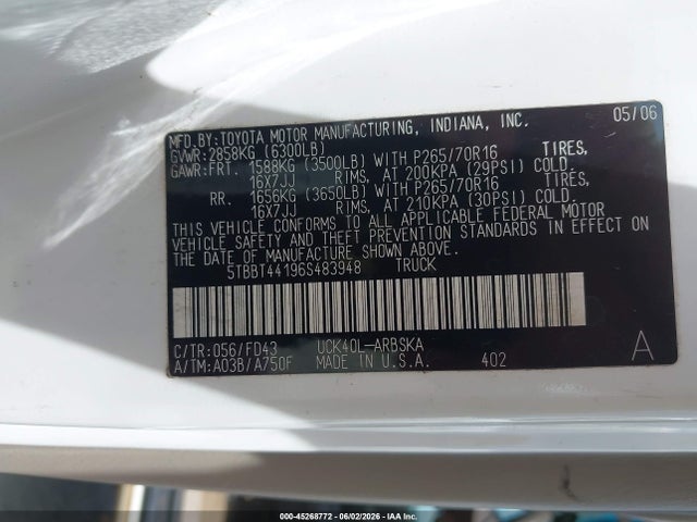 45268772 :رقم المزاد ، 5TBBT44196S483948 vin ، 2006 Toyota Tundra Sr5 V8 مزاد بيع