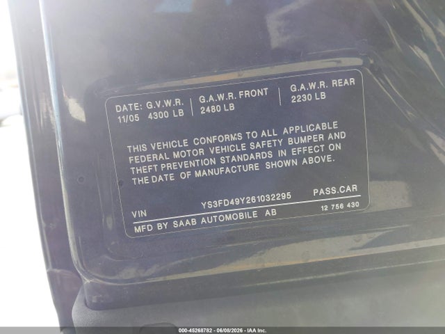 Продаж на аукціоні авто 2006 Saab 9-3 2.0t, vin: YS3FD49Y261032295, номер лоту: 45268782