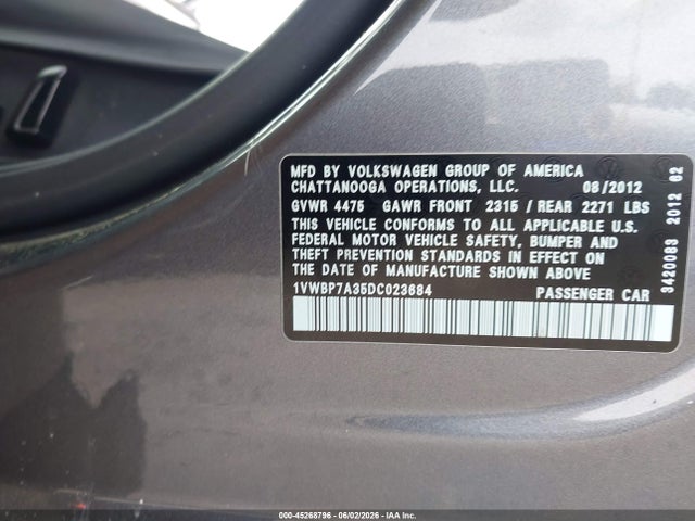 Продажа на аукционе авто 2013 Volkswagen Passat 2.5l Se, vin: 1VWBP7A35DC023684, номер лота: 45268796