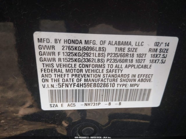 Aukcja sprzedaży 2014 Honda Pilot Ex-l, vin: 5FNYF4H59EB028610, numer aukcji: 45268813