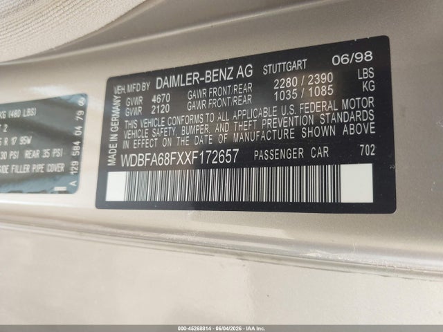 Aukcja sprzedaży 1999 Mercedes-benz Sl 500, vin: WDBFA68FXXF172657, numer aukcji: 45268814