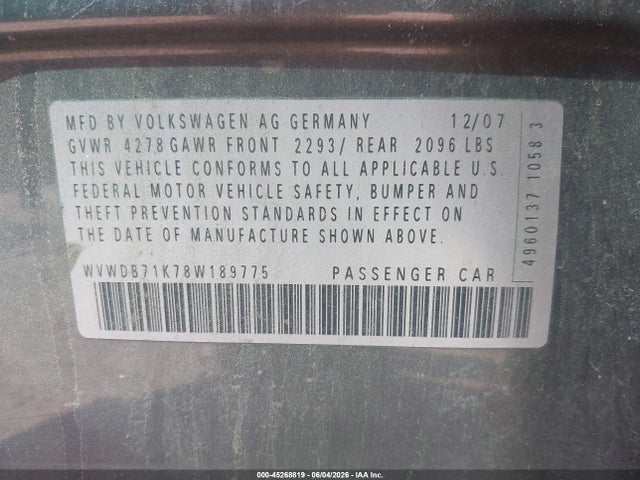 Продаж на аукціоні авто 2008 Volkswagen Rabbit S, vin: WVWDB71K78W189775, номер лоту: 45268819