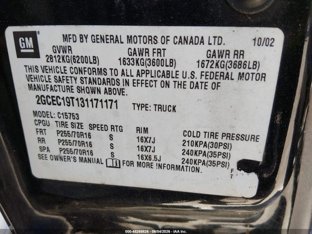 Aukcja sprzedaży 2003 Chevrolet Silverado 1500 Ls, vin: 2GCEC19T131171171, numer aukcji: 45268826