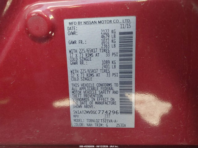 Продажа на аукционе авто 2016 Nissan Rogue Sv, vin: 5N1AT2MV0GC774296, номер лота: 45268856