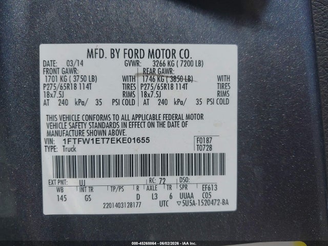 Aukcja sprzedaży 2014 Ford F-150 Xlt, vin: 1FTFW1ET7EKE01655, numer aukcji: 45268864