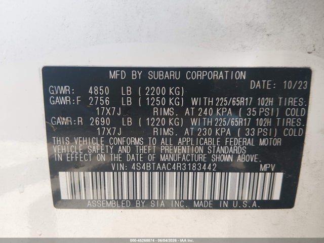 2024 Subaru Outback მანქანა იყიდება აუქციონზე, vin: 4S4BTAAC4R3183442, აუქციონის ნომერი: 45268874
