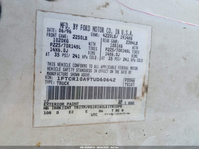 1996 Ford Ranger მანქანა იყიდება აუქციონზე, vin: 1FTCR10A9TUD60642, აუქციონის ნომერი: 45268876