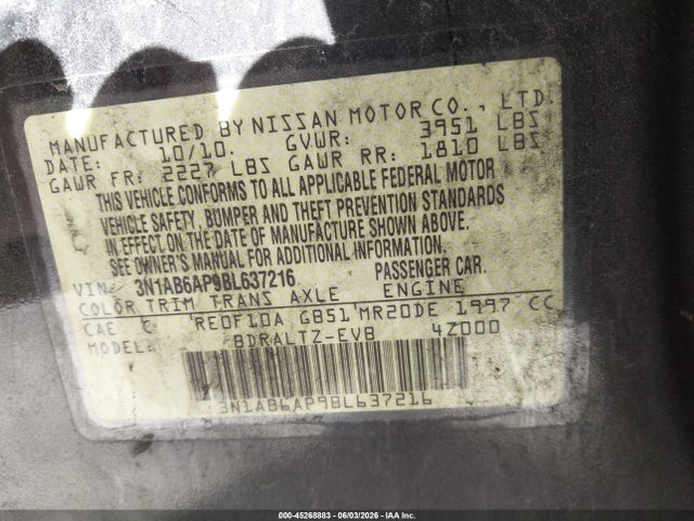 Продаж на аукціоні авто 2011 Nissan Sentra 2.0s, vin: 3N1AB6AP9BL637216, номер лоту: 45268883
