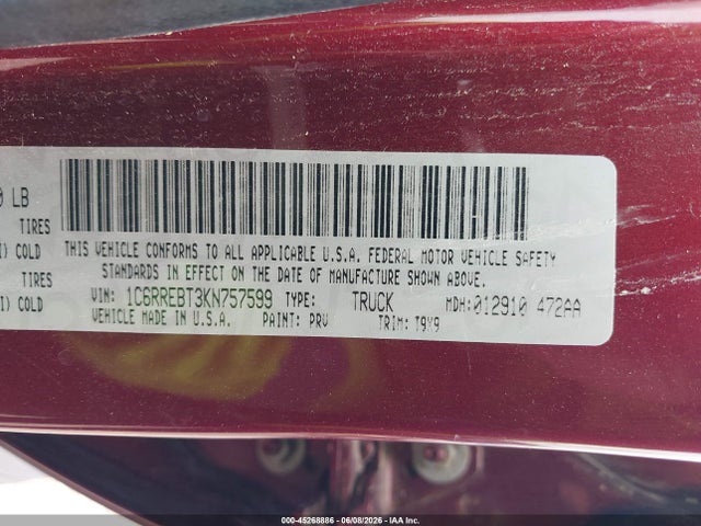Aukcja sprzedaży 2019 Ram 1500 Big Horn/lone Star  4x2 6'4 Box, vin: 1C6RREBT3KN757599, numer aukcji: 45268886
