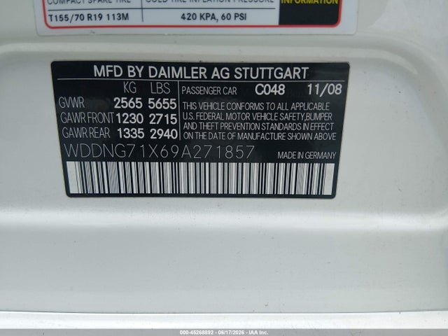 45268892 :رقم المزاد ، WDDNG71X69A271857 vin ، 2009 Mercedes-benz S 550 مزاد بيع