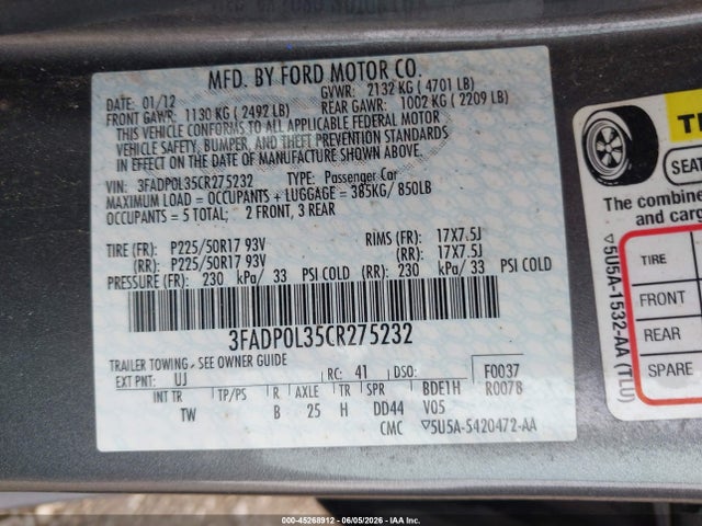 45268912 :رقم المزاد ، 3FADP0L35CR275232 vin ، 2012 Ford Fusion Hybrid مزاد بيع