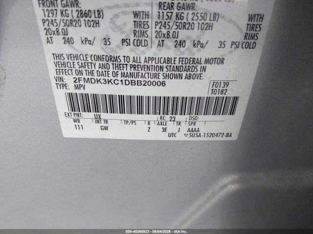 2013 Ford Edge Limited მანქანა იყიდება აუქციონზე, vin: 2FMDK3KC1DBB20006, აუქციონის ნომერი: 45268922