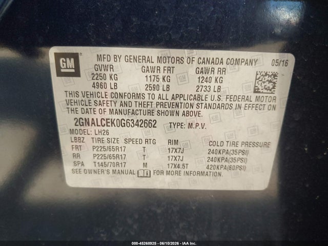Chevrolet EQUINOX LT 2016 2GNALCEK0G6342662 Image 9