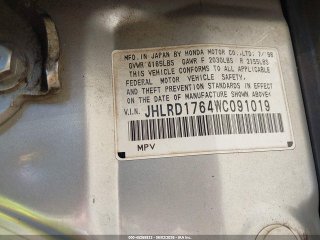 Aukcja sprzedaży 1998 Honda Cr-v Ex, vin: JHLRD1764WC091019, numer aukcji: 45268933