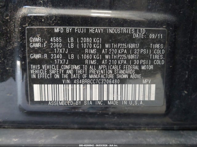 2012 Subaru Outback 2.5i Premium მანქანა იყიდება აუქციონზე, vin: 4S4BRBCC7C3206480, აუქციონის ნომერი: 45268942