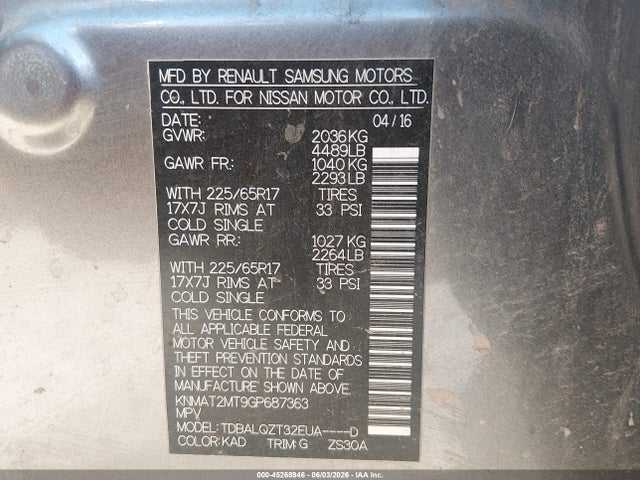 KNMAT2MT9GP687363 Nissan ROGUE SV