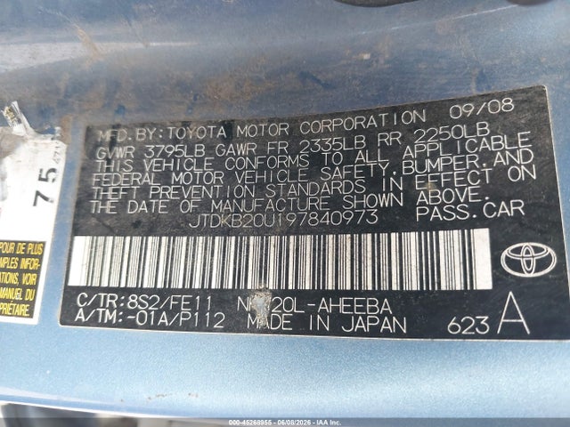 Aukcja sprzedaży 2009 Toyota Prius, vin: JTDKB20U197840973, numer aukcji: 45268955