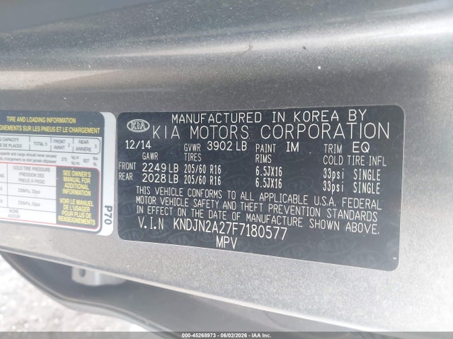 45268973 :رقم المزاد ، KNDJN2A27F7180577 vin ، 2015 Kia Soul مزاد بيع