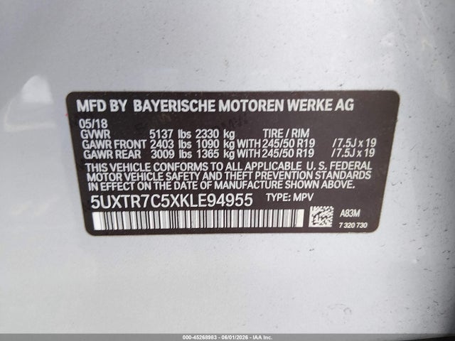 45268983 :رقم المزاد ، 5UXTR7C5XKLE94955 vin ، 2019 Bmw X3 Sdrive30i مزاد بيع
